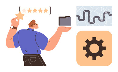 Fototapete - Businessman evaluates service with stars, manages a folder, and represents workflow via map and gear concept. Ideal for feedback, management, organization, planning, strategy innovation. Simple flat