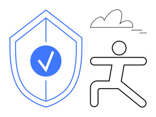 Poster - Blue shield with checkmark and stick figure in yoga pose under a cloud. Ideal for health, fitness, security, balance, mindfulness, wellness, lifestyle. Clean simple flat metaphor