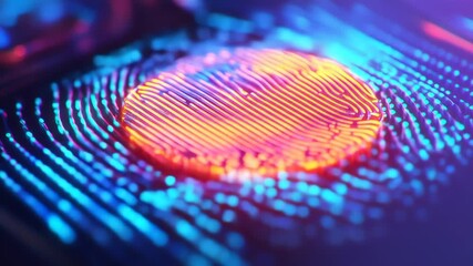 Poster - Close-up of glowing fingerprint with a digital pattern in blue and yellow colors showcasing security and technology.