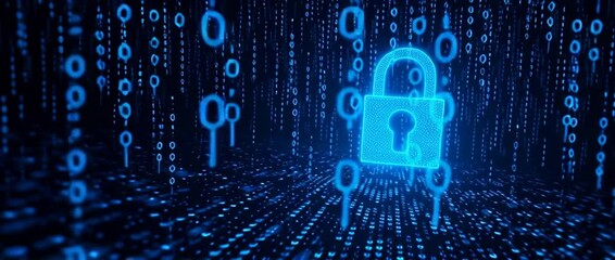 Poster - Blue digital background vector with a padlock symbol and binary code for security, data protection, or cyber-security design element Generative AI