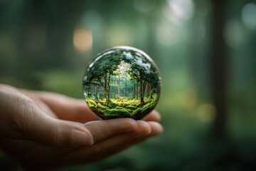 Aufkleber - Hand Holding Clear Glass Sphere Reflecting Forest Landscape in a Bright Green Sunlit Woods Scene with Tall Trees and Natural Environment