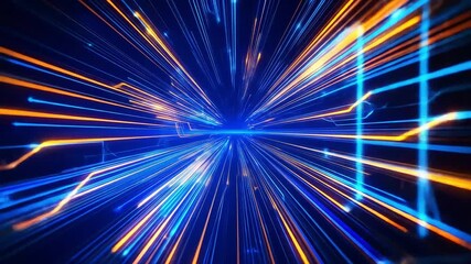 Poster - Abstract digital data stream network with blue and orange light speed