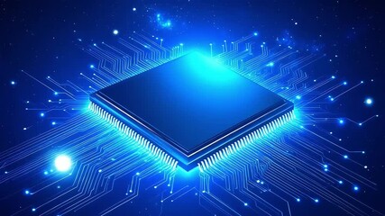 Poster - Advanced technology chip circuit board with glowing connections and data flow