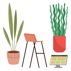 Poster - Potted indoor plants with tall leaves, modern bar-style chair, computer monitor with grid display. Ideal for productivity, home decor, organization, minimalism, office design, relaxation simple flat