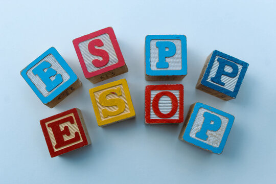 Financial terms wooden building blocks. Corporate onboarding human resources background. ESPP and ESOP with banner or design element isolated on white