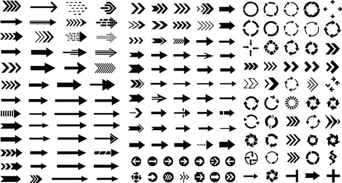 Vector art of a comprehensive set of black arrows and circular direction indicators on a white background