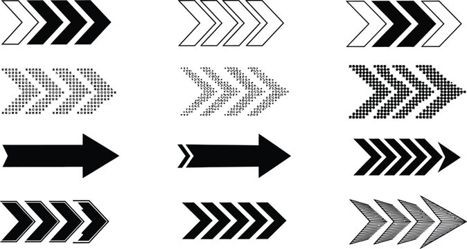 Vector art of a set of black and white arrow designs pointing right, isolated on white background