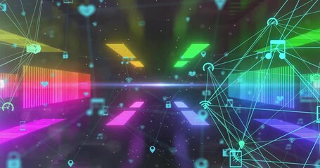Poster - Neon corridor emerging triggers bars pulsing, icons drifting, mesh expanding illustrating data flow