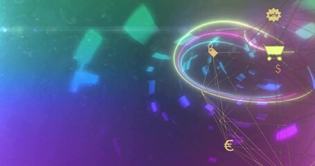 Poster - Neon ring tunnel accelerating revealing sale badge lock currency and cart icons showing ecommerce
