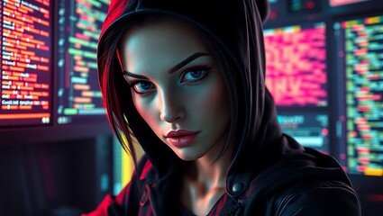 Portrait of a woman in a hoodie in front of multiple screens displaying computer code lines
