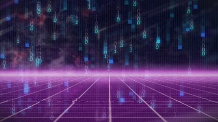Poster - Upon starting, binary streams and data squares cascading down purple grid forming digital tunnel