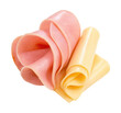© Red X and Co - Thinly sliced boiled ham folded into a rose and rolled yellow cheese slices for appetizer, Isolated on Transparent and White Background