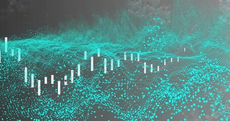 Poster - Turquoise dots emerging, wave moving, bars rising, red line tracing data and bubble pulsing