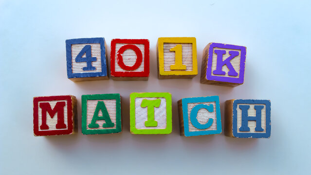 Corporate Retirement Savings design element. 401k Match in building blocks isolated on a white background. Colorful human Resources onboarding banner