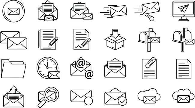 Vector art of a collection of line icons representing email, messaging, and online communication