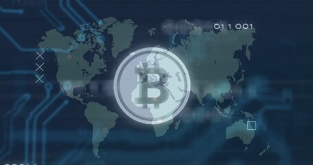 Poster - Dark map showing nodes initiating Bitcoin symbol fading in, connection lines radiating data links