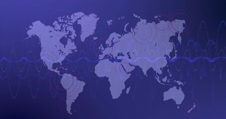 Poster - Flat world map receiving pulsating waveform then sending concentric pulses visualizing data flow