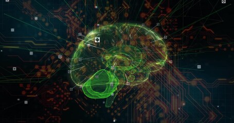 Poster - Green 3D brain hologram emerging and spinning while extending data lines to highlight neural areas