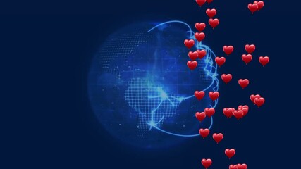 Poster - Blue arcs sparking links across Asia Pacific, globe rotating, red hearts rising showing engagement