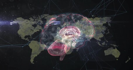 Poster - 3D wireframe brain appearing triggers rotating and pulsing pathways visualizing global data flow