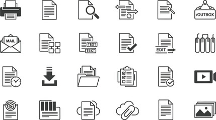 Leinwandbilder - Vector art of a set of document and file icons representing various office tasks, including printing, emailing, editing, and managing files in a digital environment