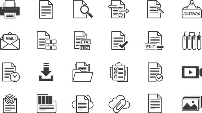 Vector art of a set of document and file icons representing various office tasks, including printing, emailing, editing, and managing files in a digital environment
