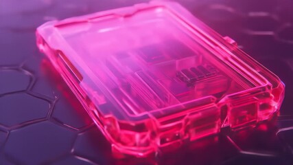 Poster - Close up shot of a transparent pink rectangular object with internal circuitry against a textured dark surface