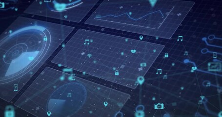 Poster - Camera opening isometric grid revealing panels as holographic icons drifting to show network data