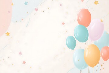 Poster - Celebrating Joyful Moments With A Beautiful Display Of Floating Pastel Colored Balloons Adorned With Tiny Sparkling Stars And Confetti For A Festive And Happy Background Design