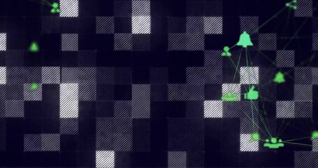 Poster - Shifting grid causing green icon flickering, icons emerging pulsing and connecting updating network