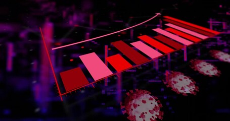Poster - Start 3D bar chart growing bars, arrow tracing upward, virus icons drifting showing infection trend