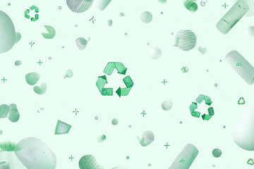 Poster - Abstract Geometric Shapes and Recycling Symbols Floating in a Soft Mint Green Gradient Background Creating an Eco-Friendly and Modern Visual Design