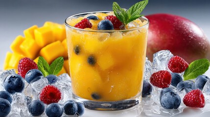 Aufkleber - Refreshing cold mango and mixed berry fruit juice in a glass with fresh mango raspberries blueberries mint on ice and ice cubes on a dark background