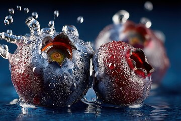Aufkleber - Fresh blueberries being splashed with water in a close-up shot showcasing vibrant colors and detailed textures
