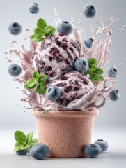 Aufkleber - Delicious berry ice cream scoops with fresh blueberries and mint leaves splashing out of a pink bowl on a plain background