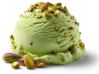 Aufkleber - Creamy pistachio ice cream scoop with chopped pistachios and natural green color on white background, cold dessert treat presentation