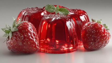 Aufkleber - Refreshing strawberry jelly dessert with fresh strawberries mint leaves and sugar on a white background healthy sweet treat