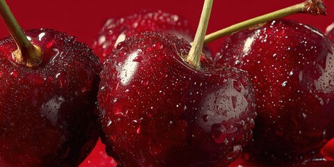 Aufkleber - Close-up of Fresh Juicy Cherries with Water Droplets for Healthy Fruit Snack and Summer Fruit Background