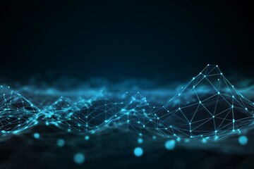 Fototapete - Abstract digital landscape with interconnected glowing blue particles forming a three dimensional mesh structure resembling mountain peaks and flowing waves on a dark futuristic background