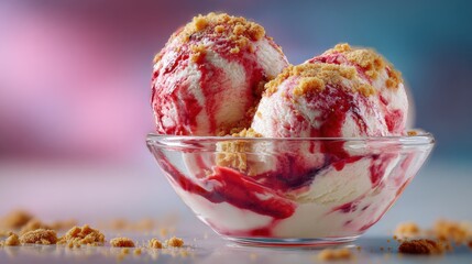Aufkleber - Delicious homemade strawberry ice cream with fruity swirl and crunchy topping served in a clear glass bowl on colorful background