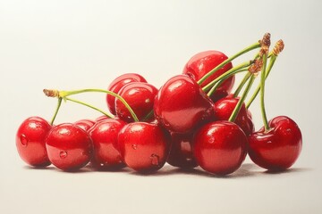 Aufkleber - Fresh Bright Red Cherries with Green Stems and Water Droplets on White Surface for Healthy Fruit and Summer Snack Themes