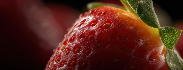 Aufkleber - Close-up of Fresh Ripe Red Strawberry with Green Leaf on Dark Background Showing Juicy Texture and Tiny Seed Details