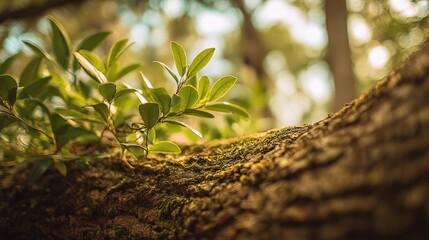 Aufkleber - Close-up of a moss-covered tree branch with lush green leaves in a vibrant forest with sunlight filte through the canopy
