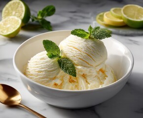 Aufkleber - Freshly made creamy lemon ice cream in a white bowl garnished with mint leaves with sliced lemons and limes in the background
