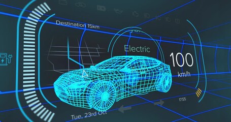 Poster - HUD launching with 3D wireframe car model shifting drive modes and adjusting speed for route update