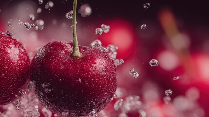 Aufkleber - Close-up of fresh ripe cherries with water droplets splashing, dark background, detailed macro shot, vibrant red color, high resolution