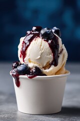Aufkleber - Refreshing Vanilla Ice Cream Scoop Topped with Juicy Blueberries and Rich Blueberry Sauce in a White Cup on a Rustic Surface with a Vibrant Blue Blurred Background