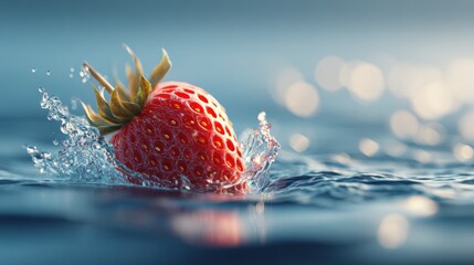 Aufkleber - Bright red strawberry with green leafy crown floating in clear water creating splash and ripples with soft blurred background and natural light