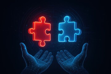 Poster - Connection in the Digital Sphere: A captivating digital rendering showcases two glowing puzzle pieces above hands, symbolizing unity and the power of collaboration within a network of connection.