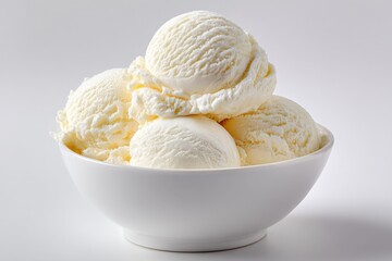Aufkleber - Bowl of Vanilla Ice Cream Scoops with Smooth Creamy Texture in a White Ceramic Dish on Plain White Background